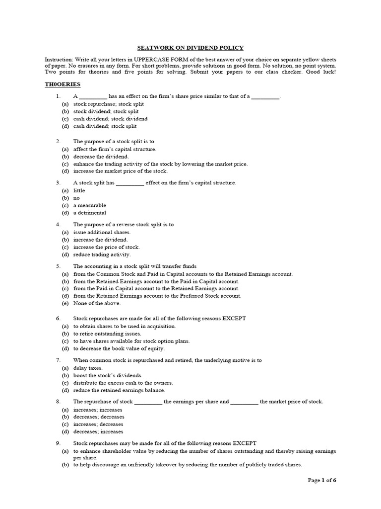 DIVIDEND POLICY SEATWORK QUESTIONS | PDF | Dividend | Share Repurchase