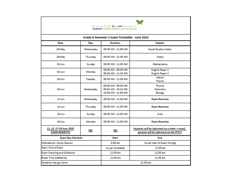 Grade 8 June Exam Timetable 2025 | PDF | Academic Term | Educational Stages