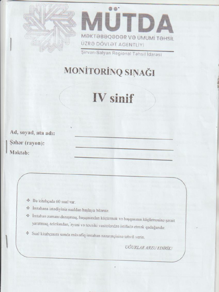 4cu Sinif Monitorinq Test Kitabcasi | PDF