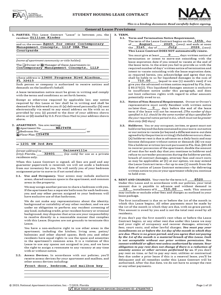 Student Housing Lease Contract: You Us (Year) (Year) | PDF | Lease ...