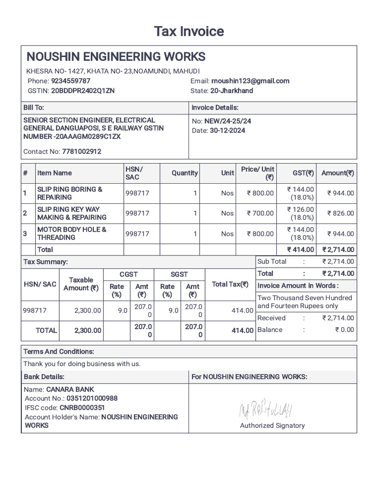 GST Invoice for Senior Engineer | PDF | Payments | Taxes