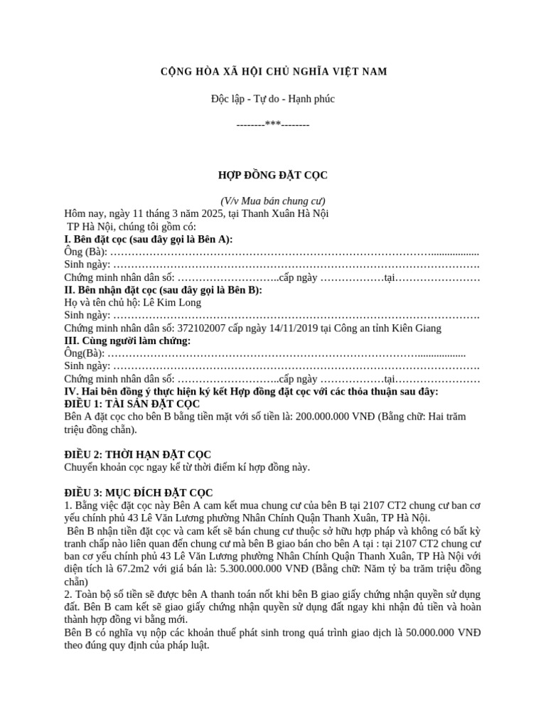 Mau Hop Dong Dat Coc Mua Ban Nha Dat | PDF