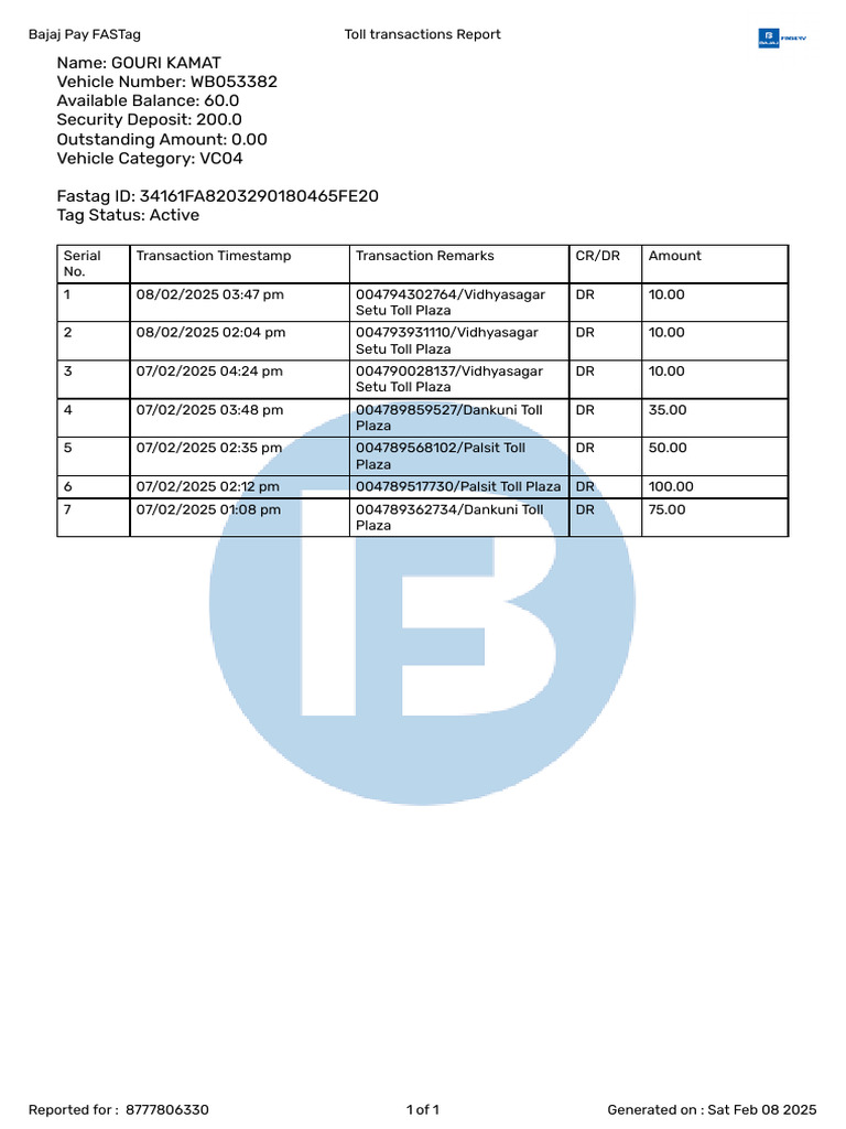 Bajaj FASTag Toll Transaction History | PDF