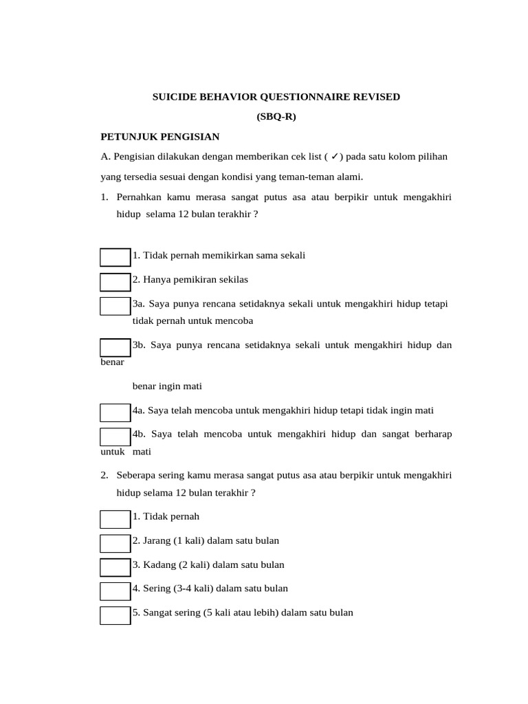 Kuesioner Perilaku Bunuh Diri (SBQ-R) | PDF