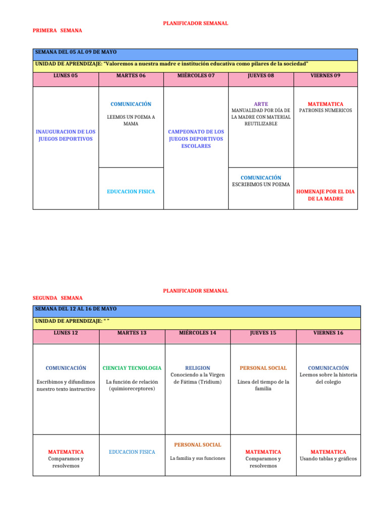 Planificador Semanal de Mayo | PDF | Aprendizaje