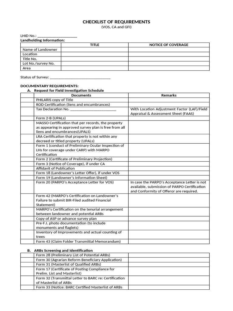 VOS Application Requirements Checklist | PDF | Private Law | Property Law