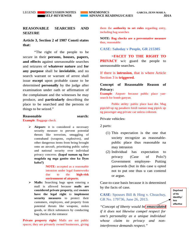 Reasonable Searches and Seizure Discussion Notes | PDF | Search And ...