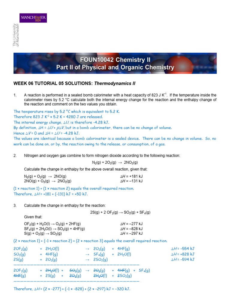FOUN10042 Tutorial 005 Answers | PDF | Enthalpy | Physical Sciences