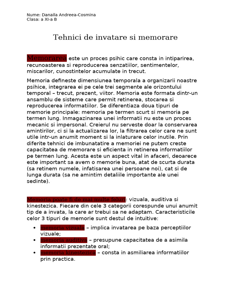 Tehnici de Invatare Si Memorare | PDF