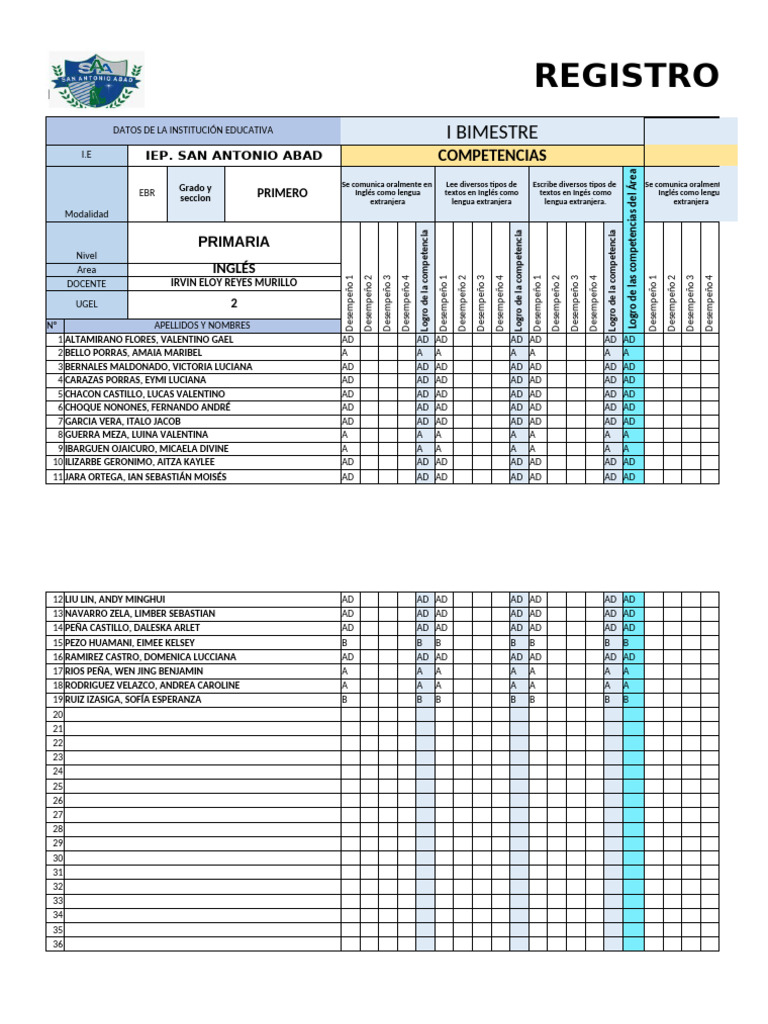 Registro Auxiliar I Bim Prim - Ingles - 113915 | PDF | Idiomas del ...