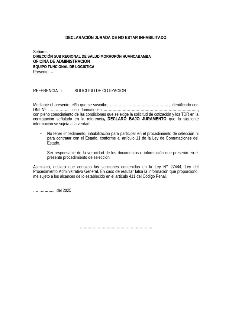 Declaración Jurada de No Inhabilitación | PDF