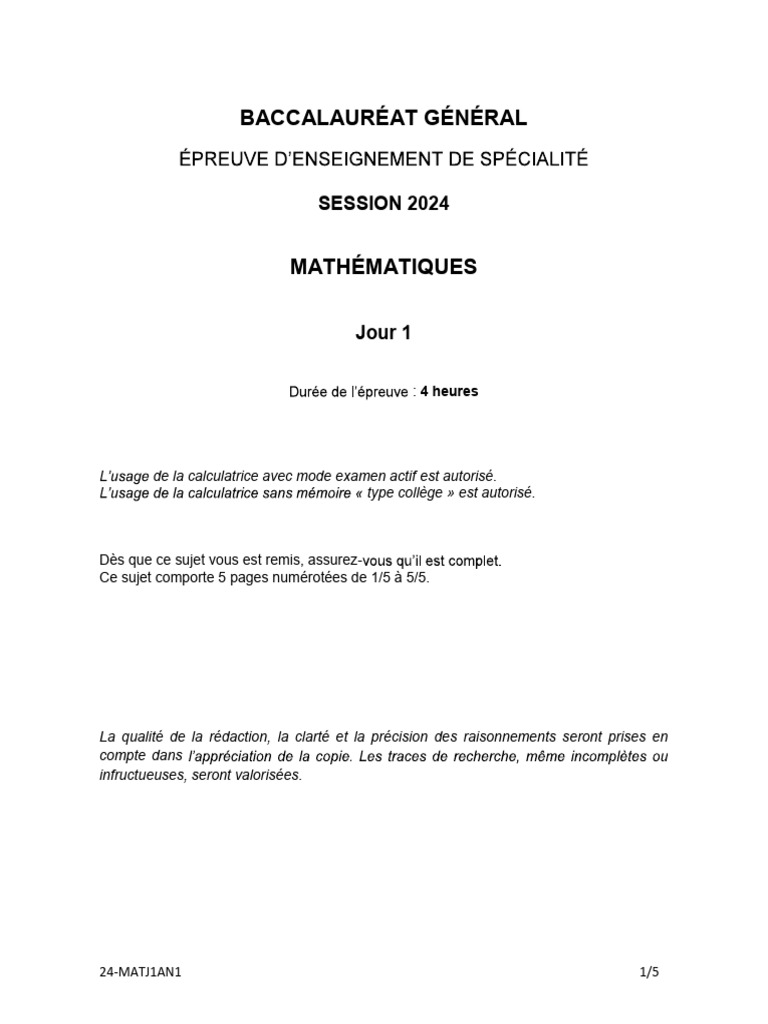 Baccalauréat 2024 : Mathématiques Examen | PDF | Fonction ...