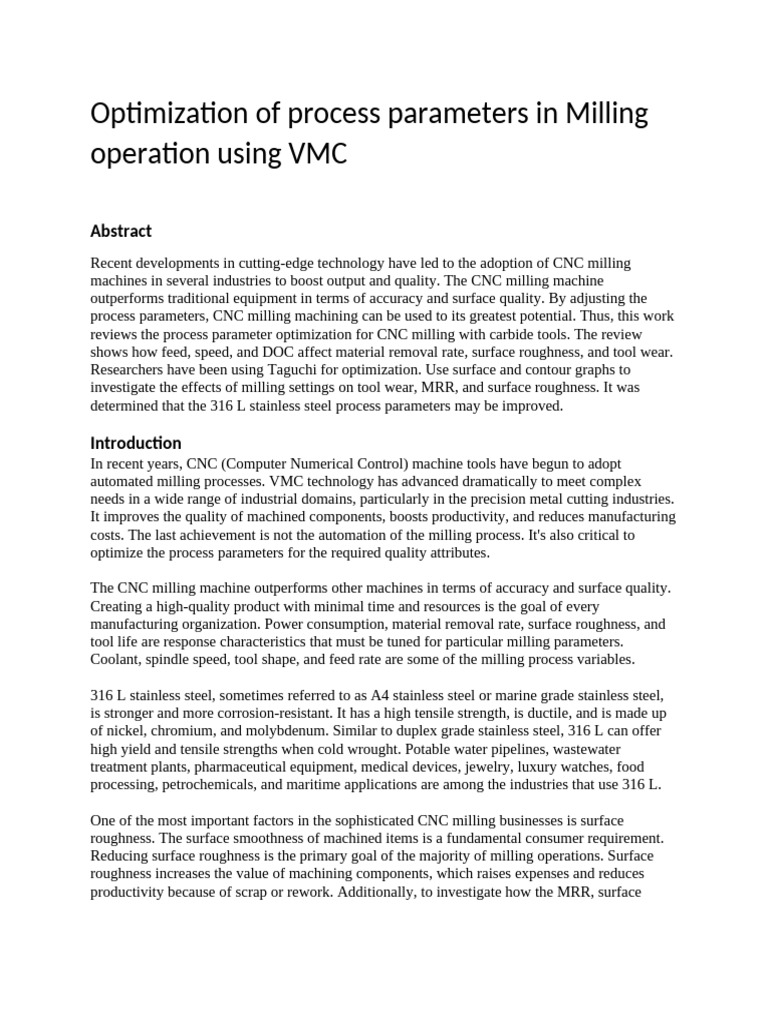 Optimisation of Process Parameters in Milling Operation Using VMC 2 ...