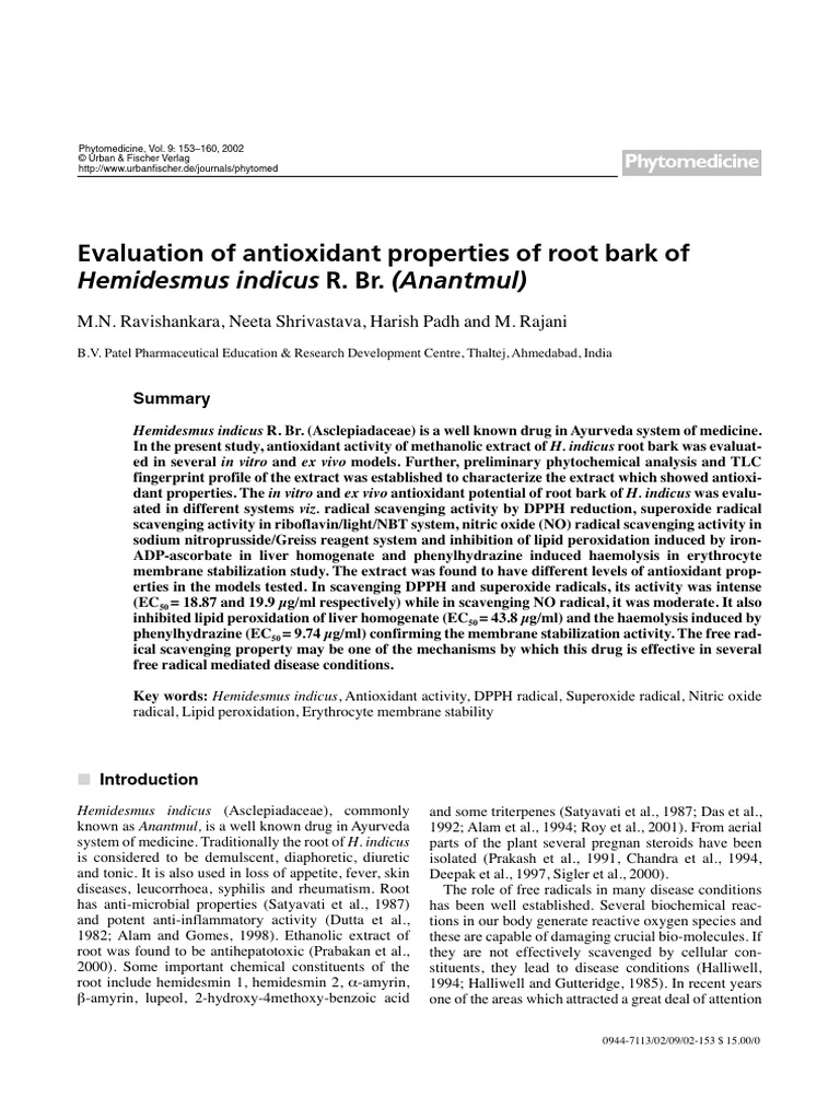 Antioxidant Activity of Hemidesmus indicus | PDF | Polyphenol | Antioxidant