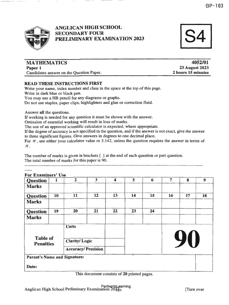 S4 Mathematics Preliminary Exam 2023 | PDF | Newton's Law Of Universal ...