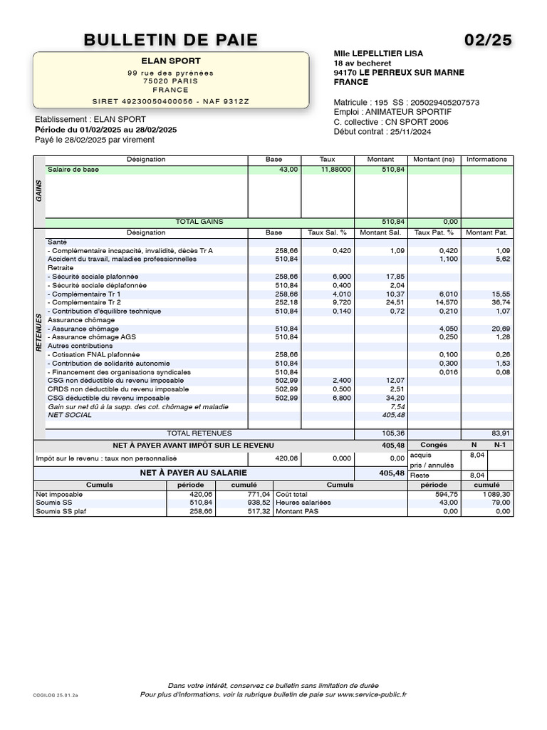 Bulletin de Paie Février 2025 - ELAN SPORT | PDF | Impôt sur le revenu ...