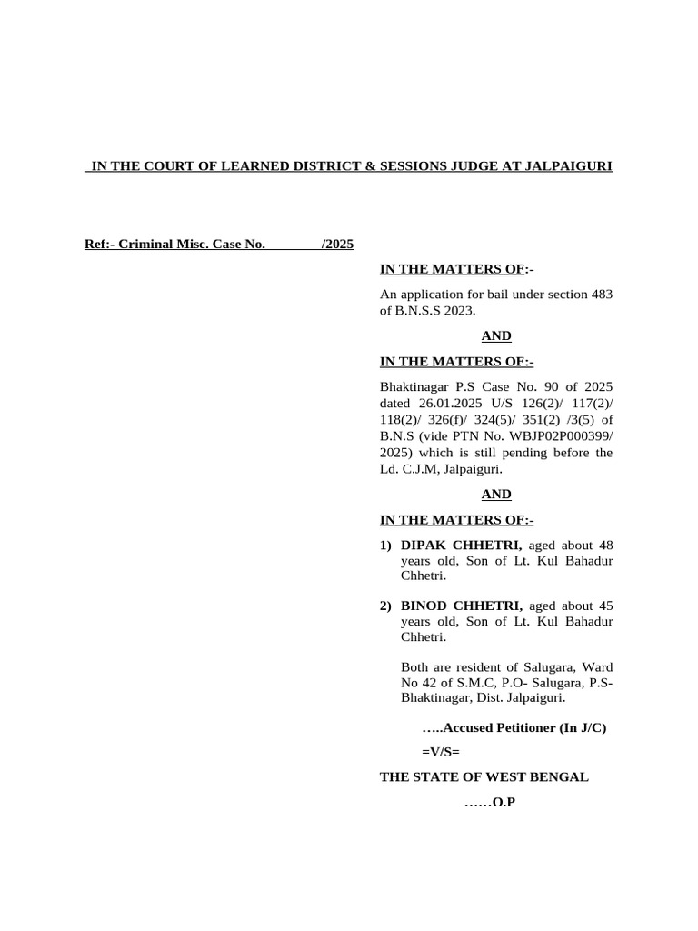 Bail Petition Under B.N.S.S Section 483 | PDF | Bail | Justice