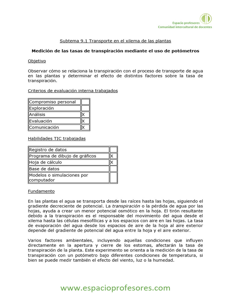 Medición de Transpiración con Potómetro | PDF