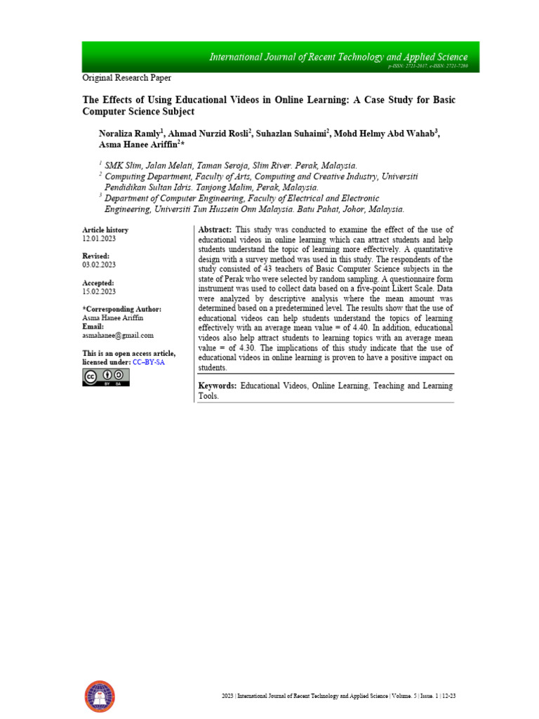 Impact of Educational Videos in Online Learning | PDF | Educational ...