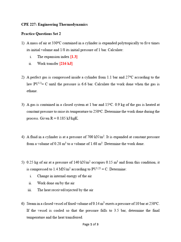 Thermodynamics Practice Questions Set 2 | PDF | Heat | Gases