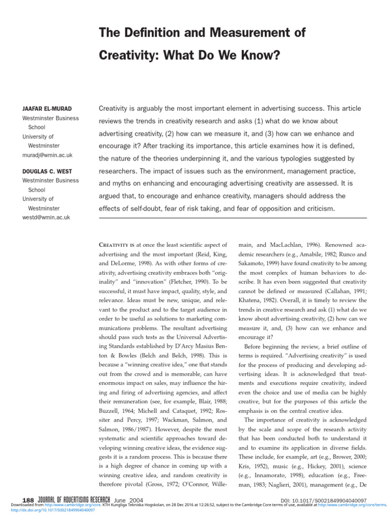 Defining Advertising Creativity | PDF | Creativity | Psychometrics