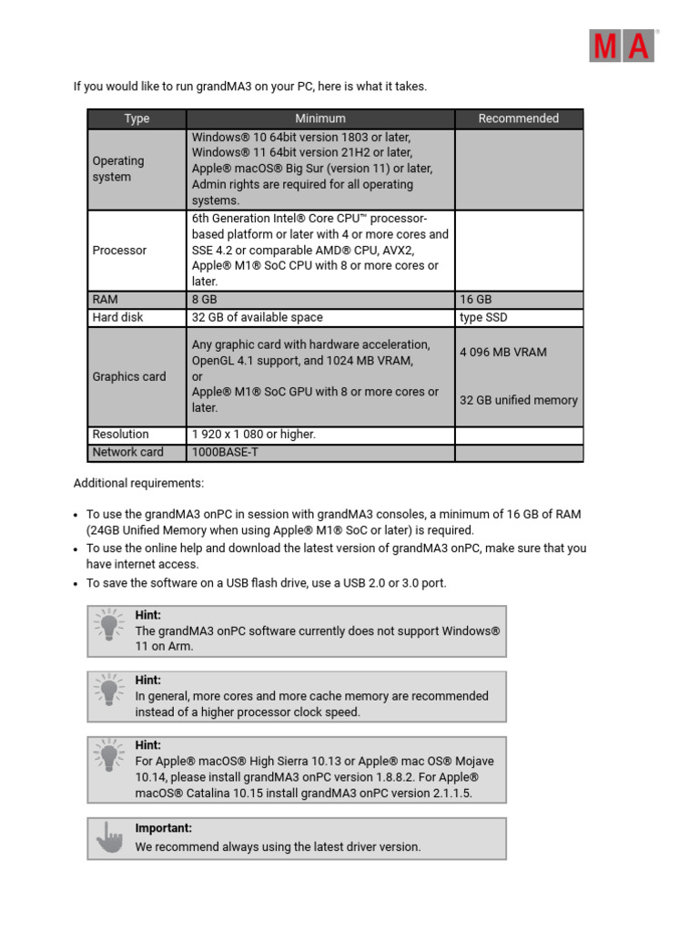 grandMA3 onPC System Requirements | PDF | Graphics Processing Unit | Mac Os