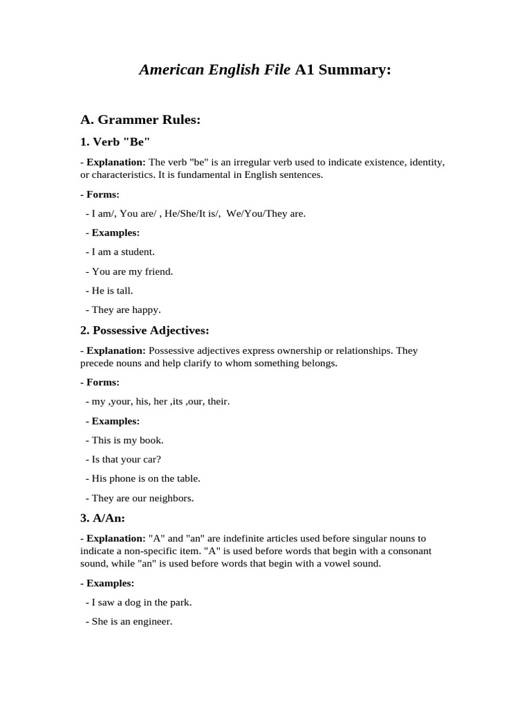 A1 American English Grammar Summary | PDF | Verb | Plural