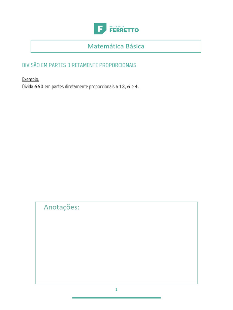 Divisão em Partes Diretamente Proporcionais-Roteiro Da Aula | PDF