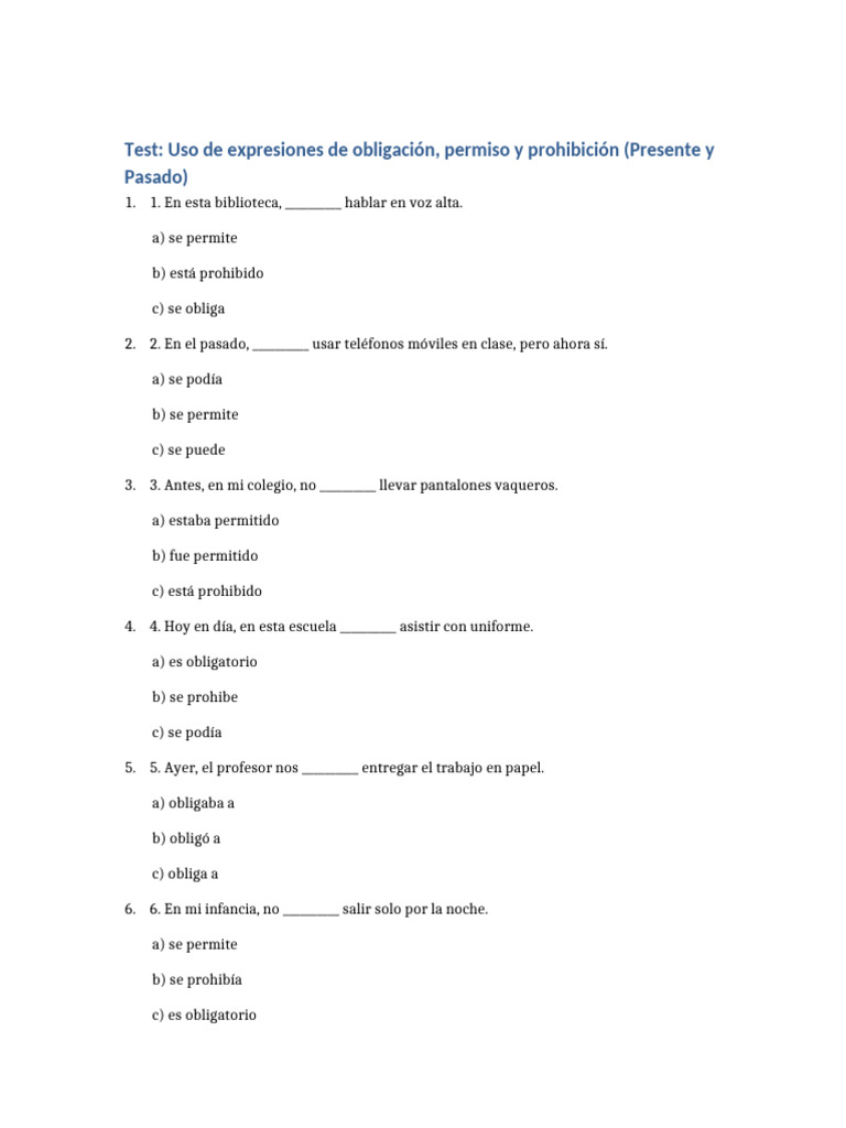 Test Expresiones Permiso Obligacion Prohibicion | PDF