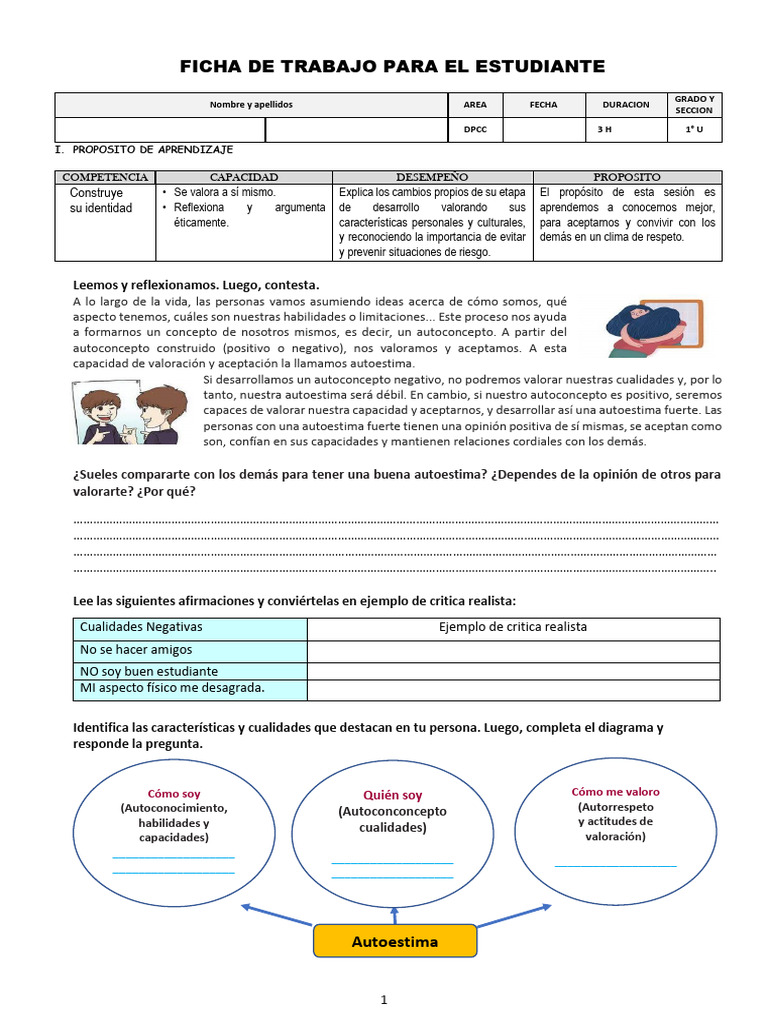 Ficha de Trabajo sobre Autoestima y Autoconocimiento | PDF | Autoestima ...