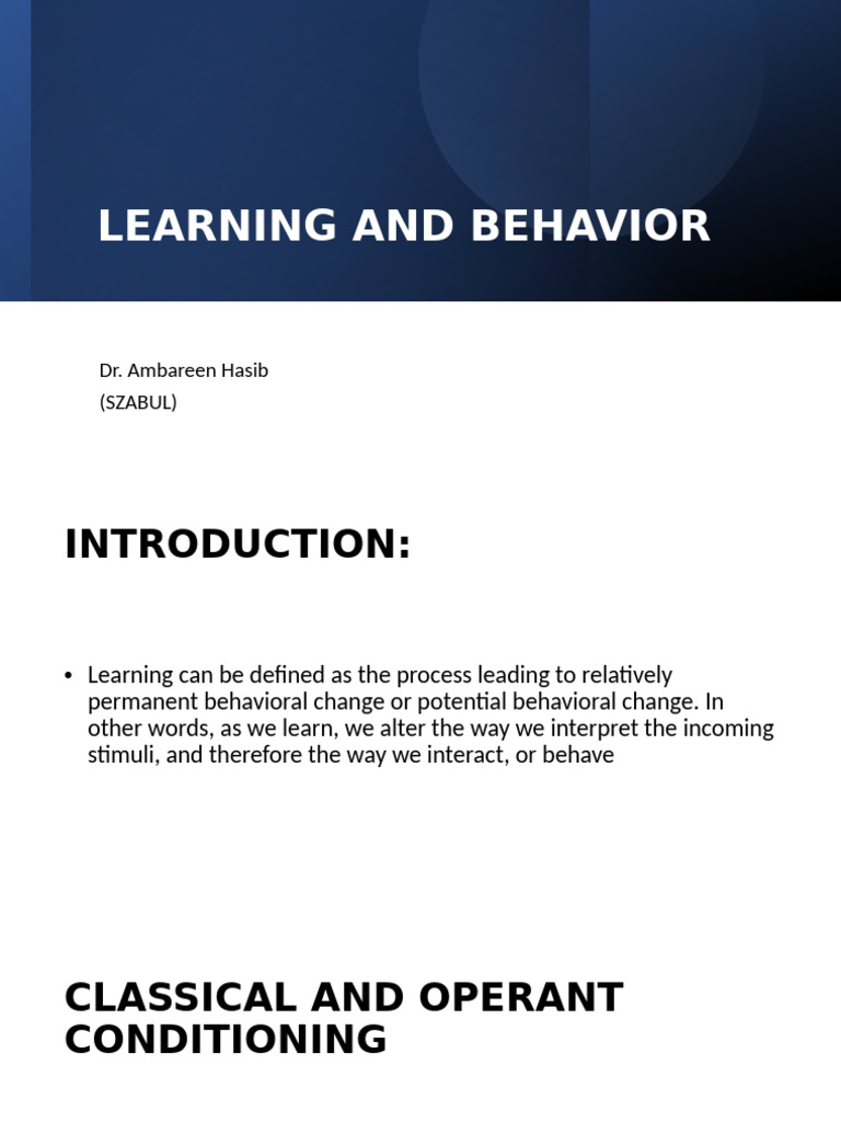 Lec 5 - Learning and Behavior | PDF | Classical Conditioning ...