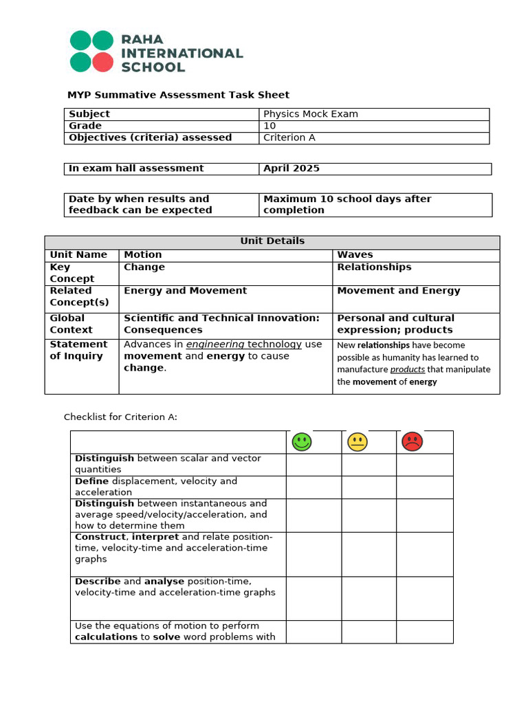 Mock Exam Task Sheet Criterion A | PDF | Waves | Force