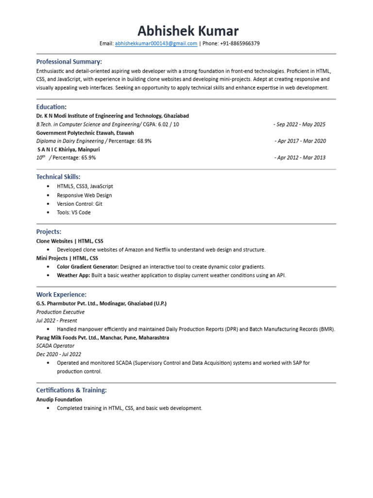 Aspiring Web Developer Resume | PDF