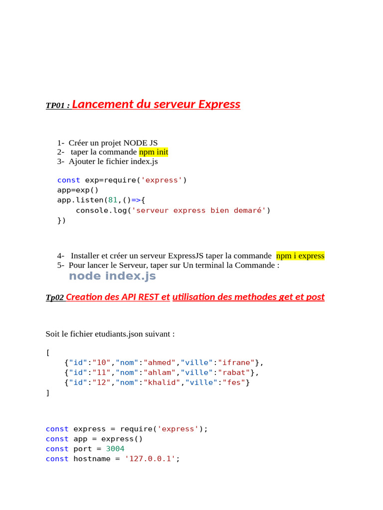 Lancement et API ExpressJS en Node.js | PDF