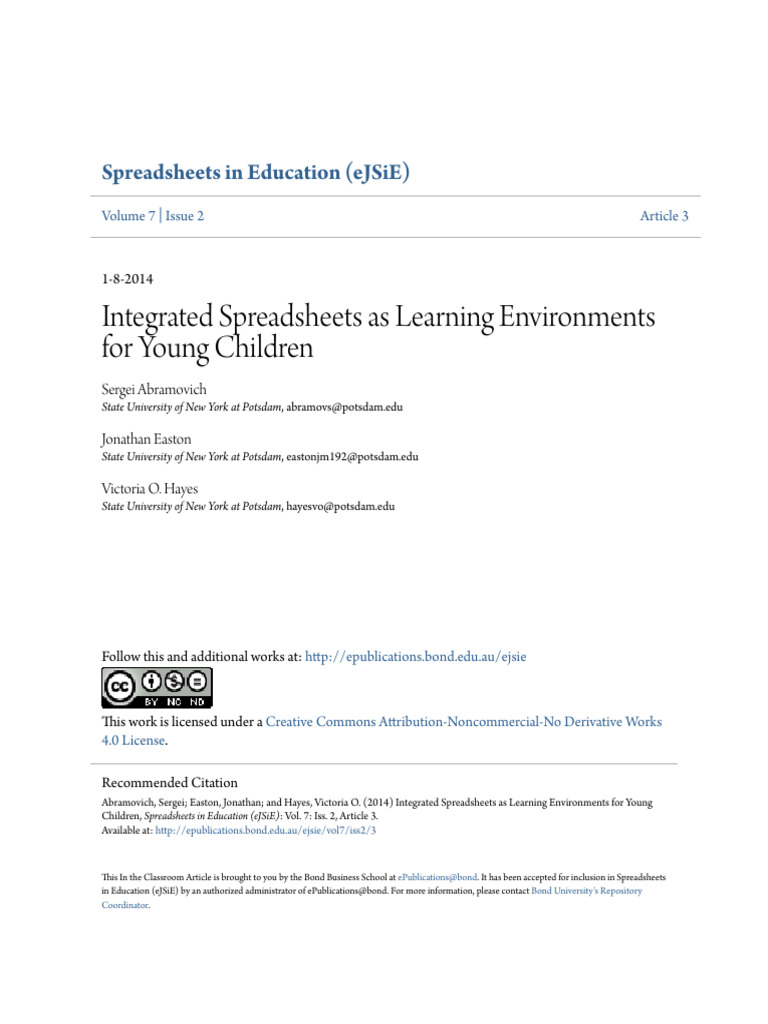 4626 Integrated Spreadsheets As Learning Environments For Young ...