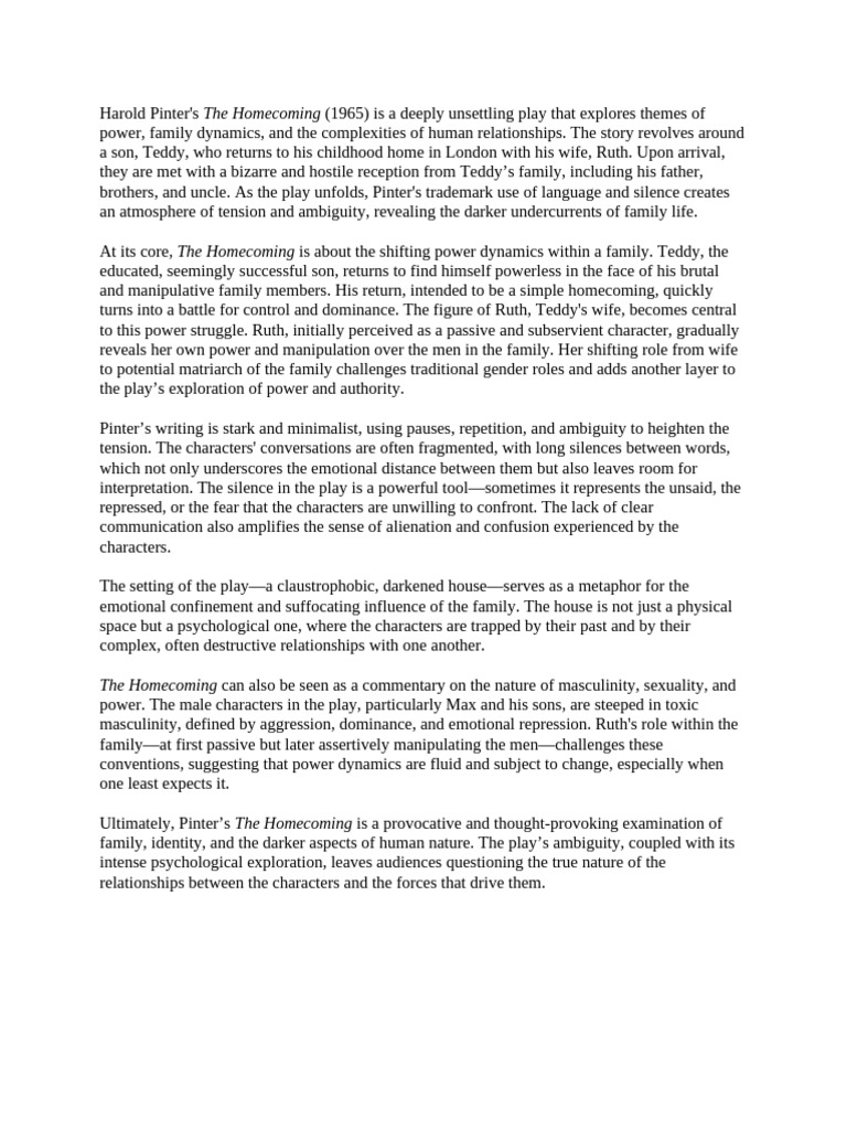 Power and Family in Pinter's Homecoming | PDF | Psychology | Social ...