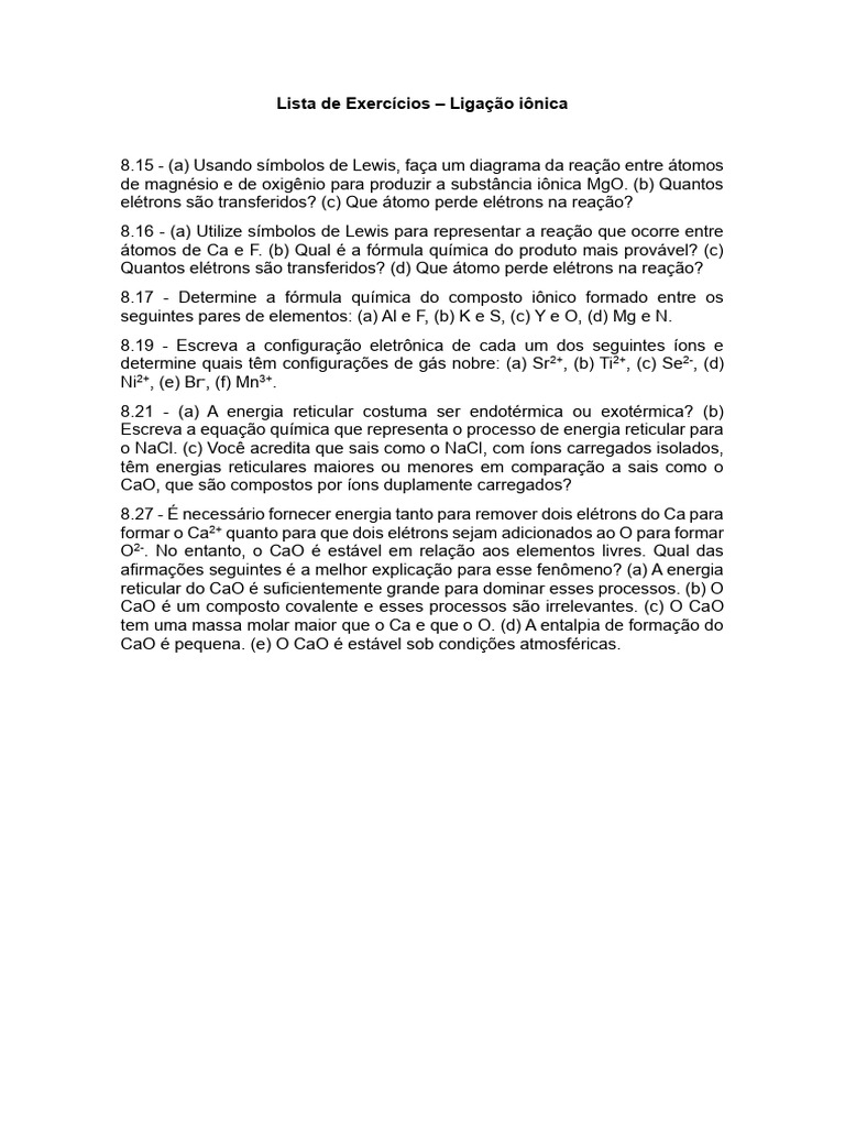 Exercícios sobre Ligação Iônica e Energia Reticular | PDF