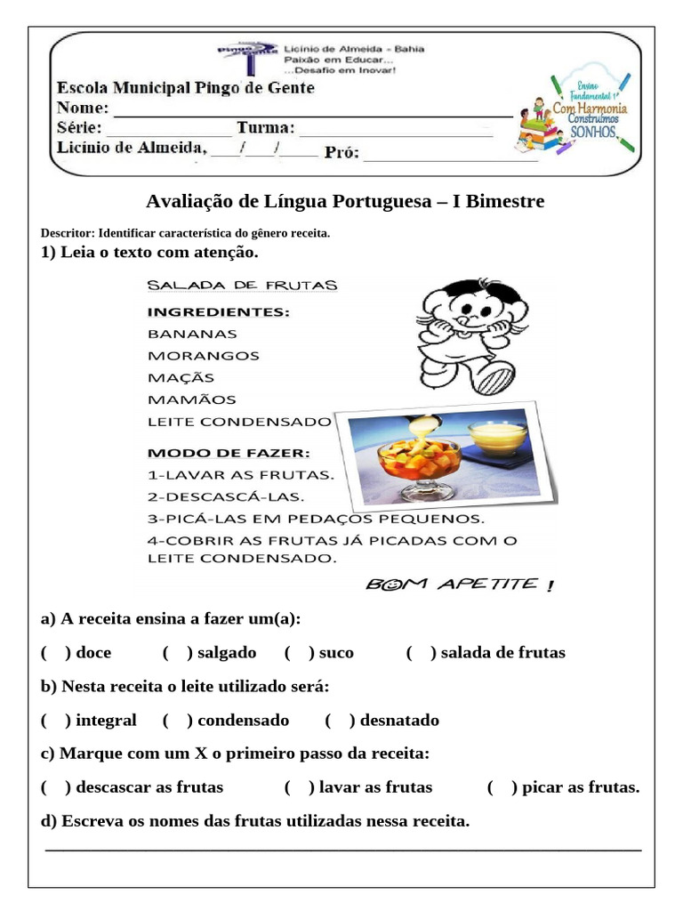Avaliação de Língua Portuguesa 1º Bimestre | PDF