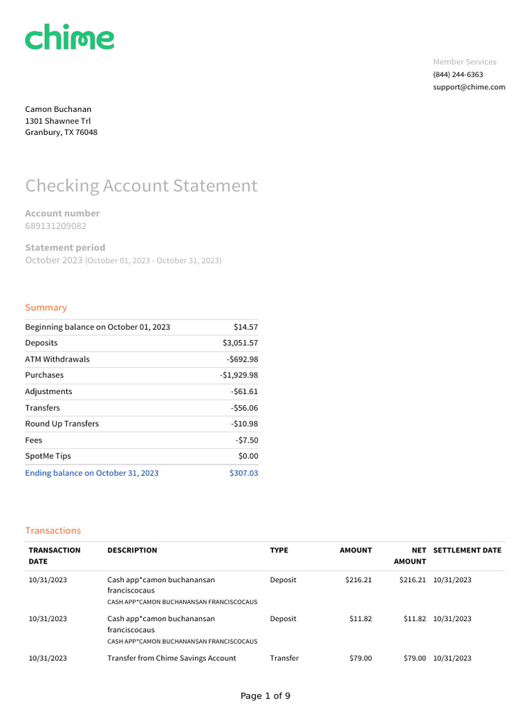 Chime Checking Statement October 2023 | PDF | Transaction Account | Cash