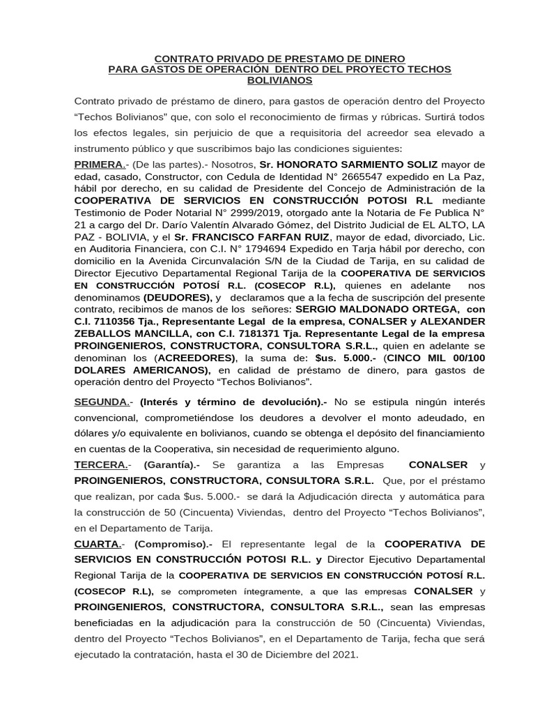 Contrato Privado de Prestamo de Dinero 1.0 Tarija | PDF | Bolivia