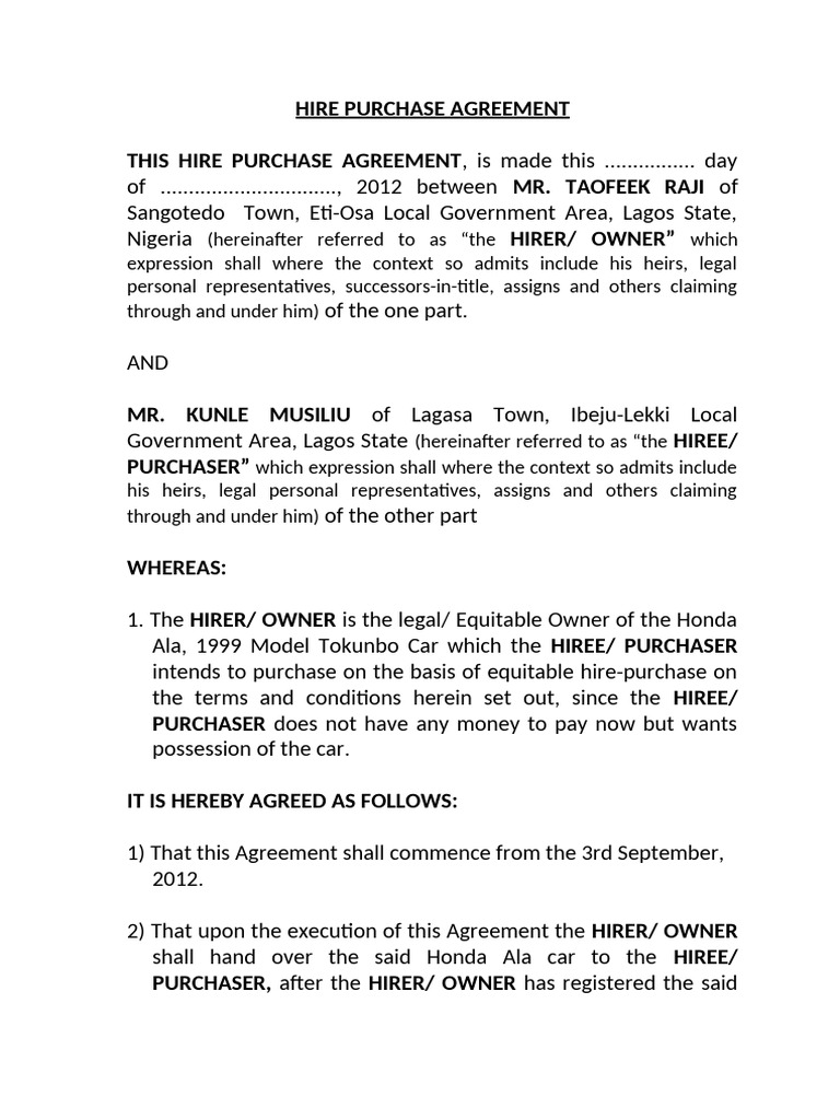 Hire Purchase Agreement-1 | PDF | Civil Law (Common Law) | Civil Law ...