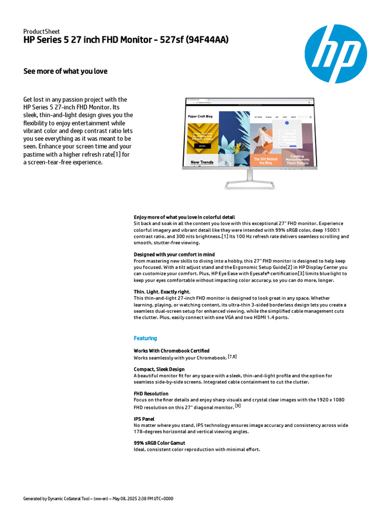 HP 27" FHD Monitor - Model 527sf | PDF | Computer Monitor | Display ...