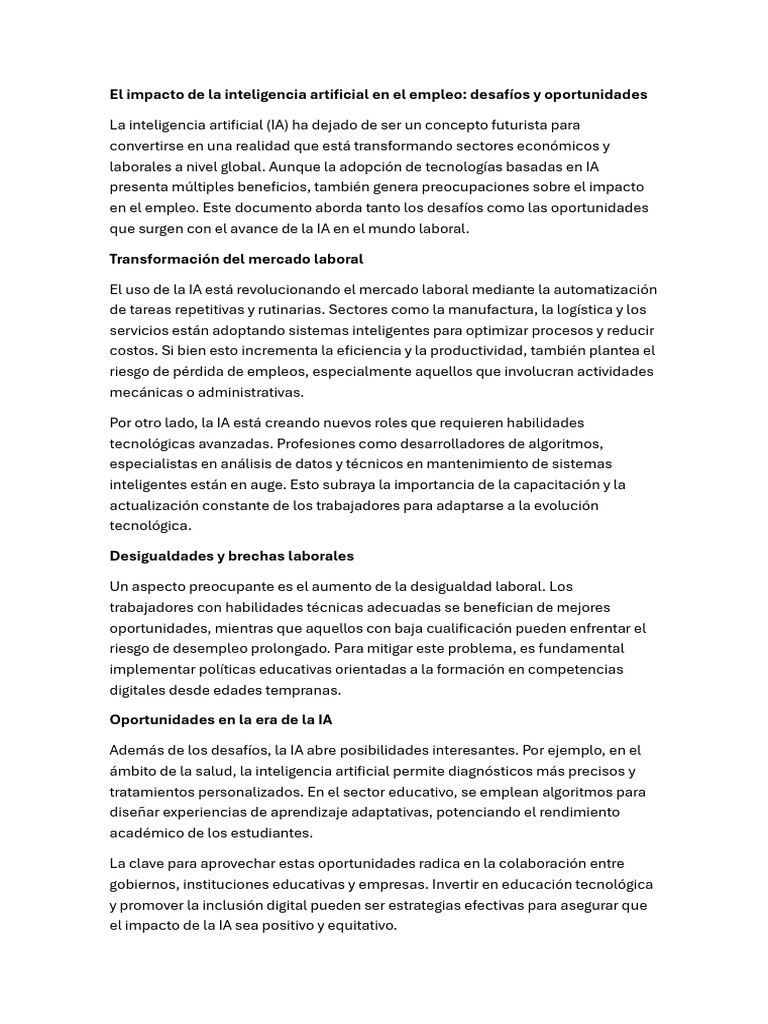 Impacto de la IA en el empleo y desigualdad | PDF | Inteligencia ...