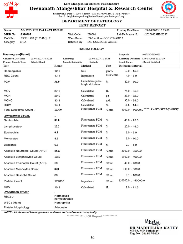 Deenanath Mangeshkar Patient Report | PDF | White Blood Cell | Body Fluids