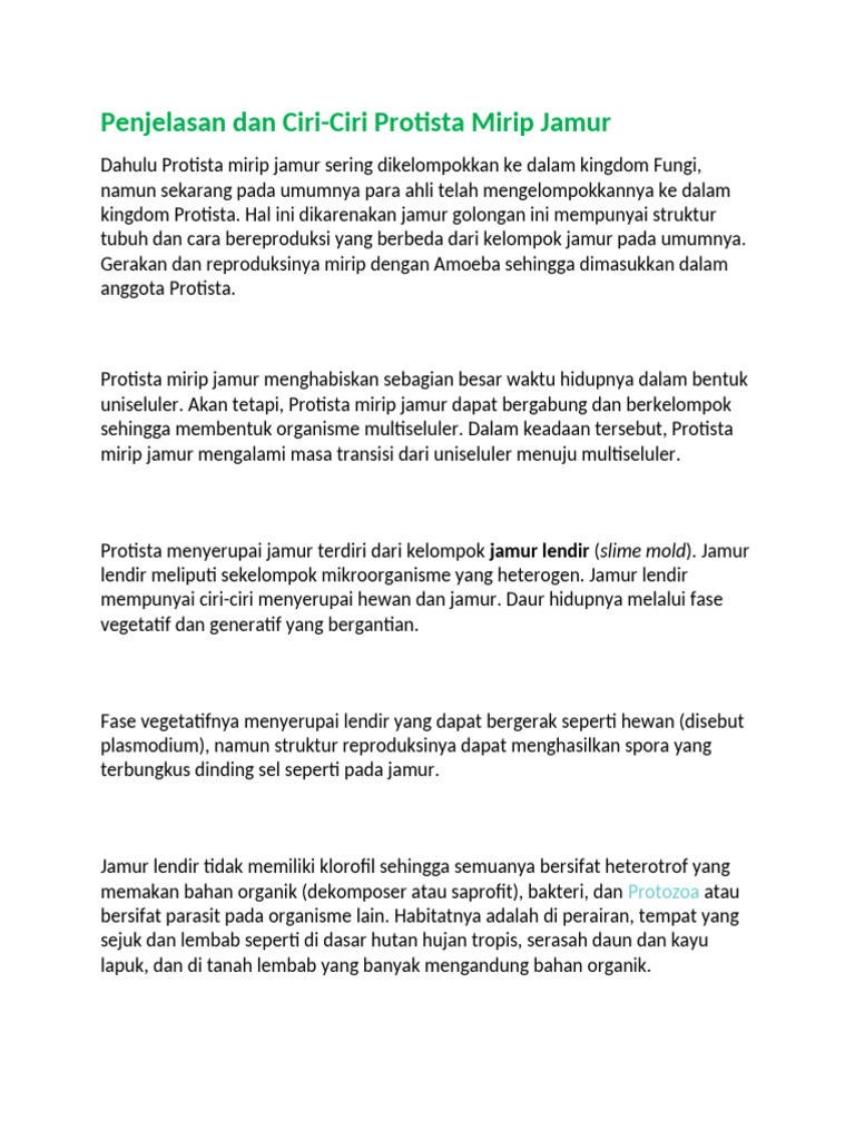 Ciri-Ciri Protista Mirip Jamur | PDF