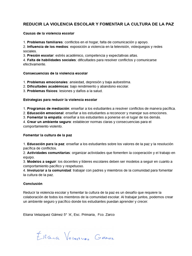 Reducir La Violencia Escolar y Fomentar La Cultura de La Paz | PDF