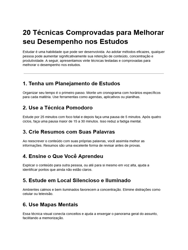 20 Técnicas para Melhorar Seus Estudos | PDF | Aprendizado | Cognição