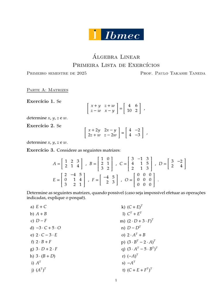 Exercícios de Álgebra Linear e Matrizes | PDF | Sistema de equações ...