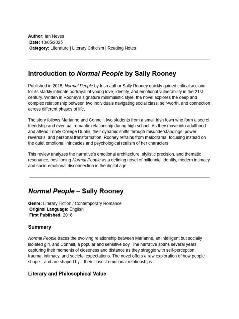 Analysis of Normal People by Sally Rooney | PDF | Narrative | Liberal ...