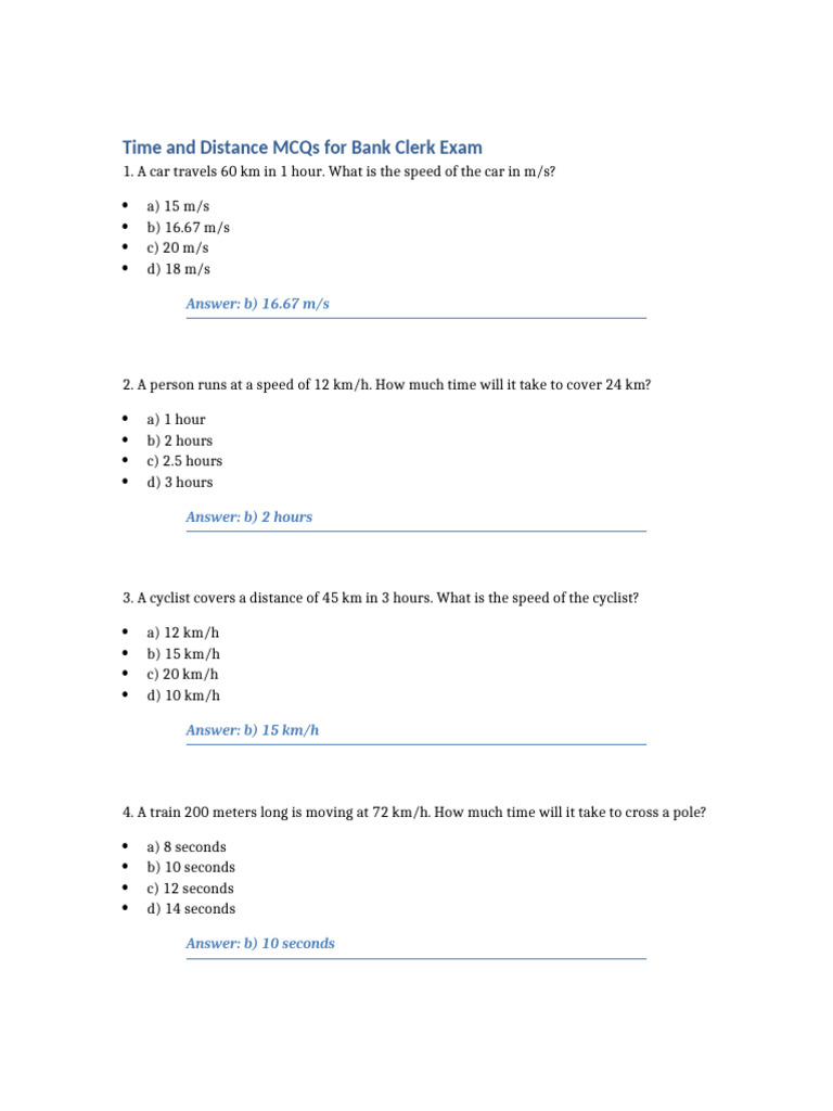 Time and Distance MCQs for Bank Exam | PDF